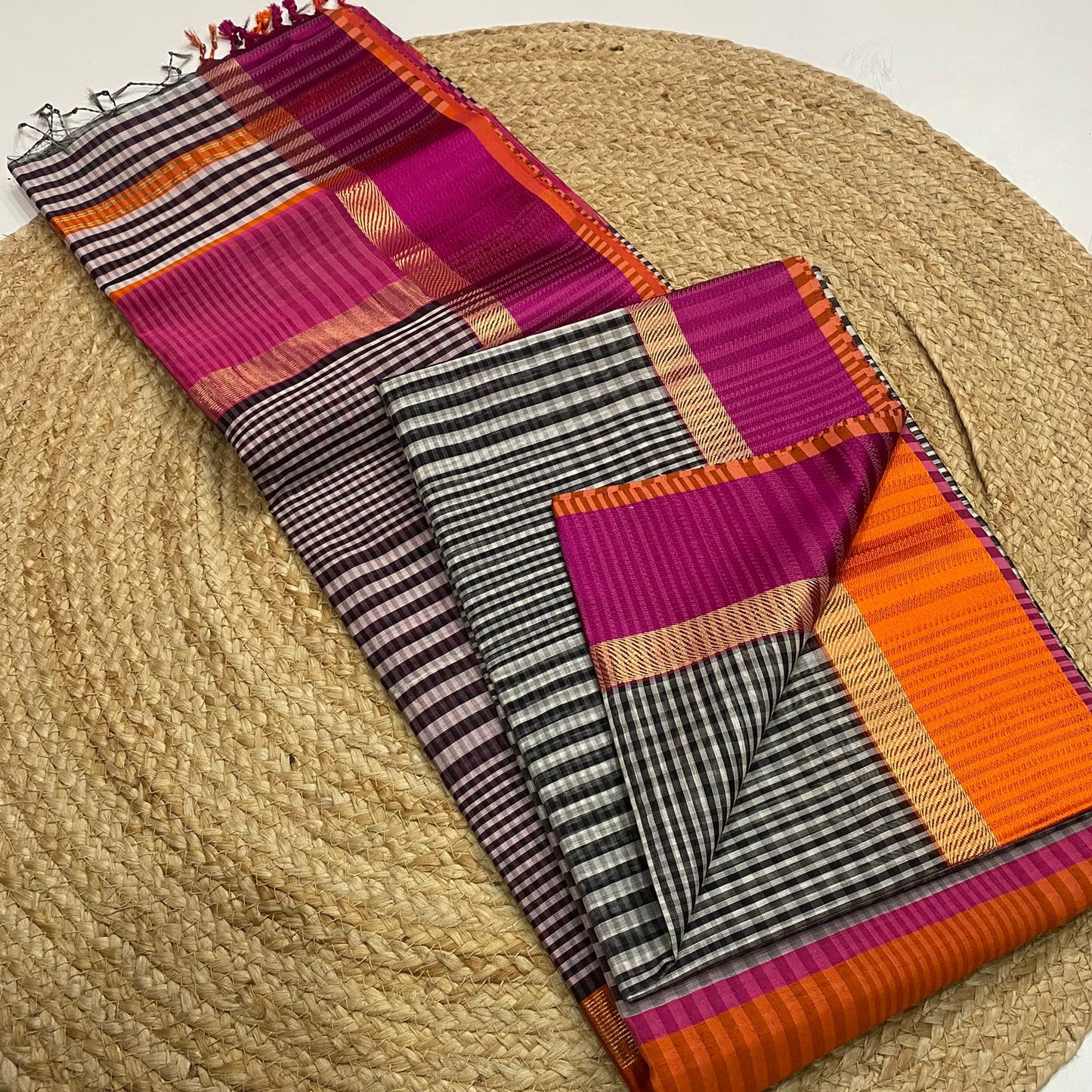 Maheshwari Handloom Silk Cotton Saree with Resham Ganga Jamuna Border & White-Black Checks Design