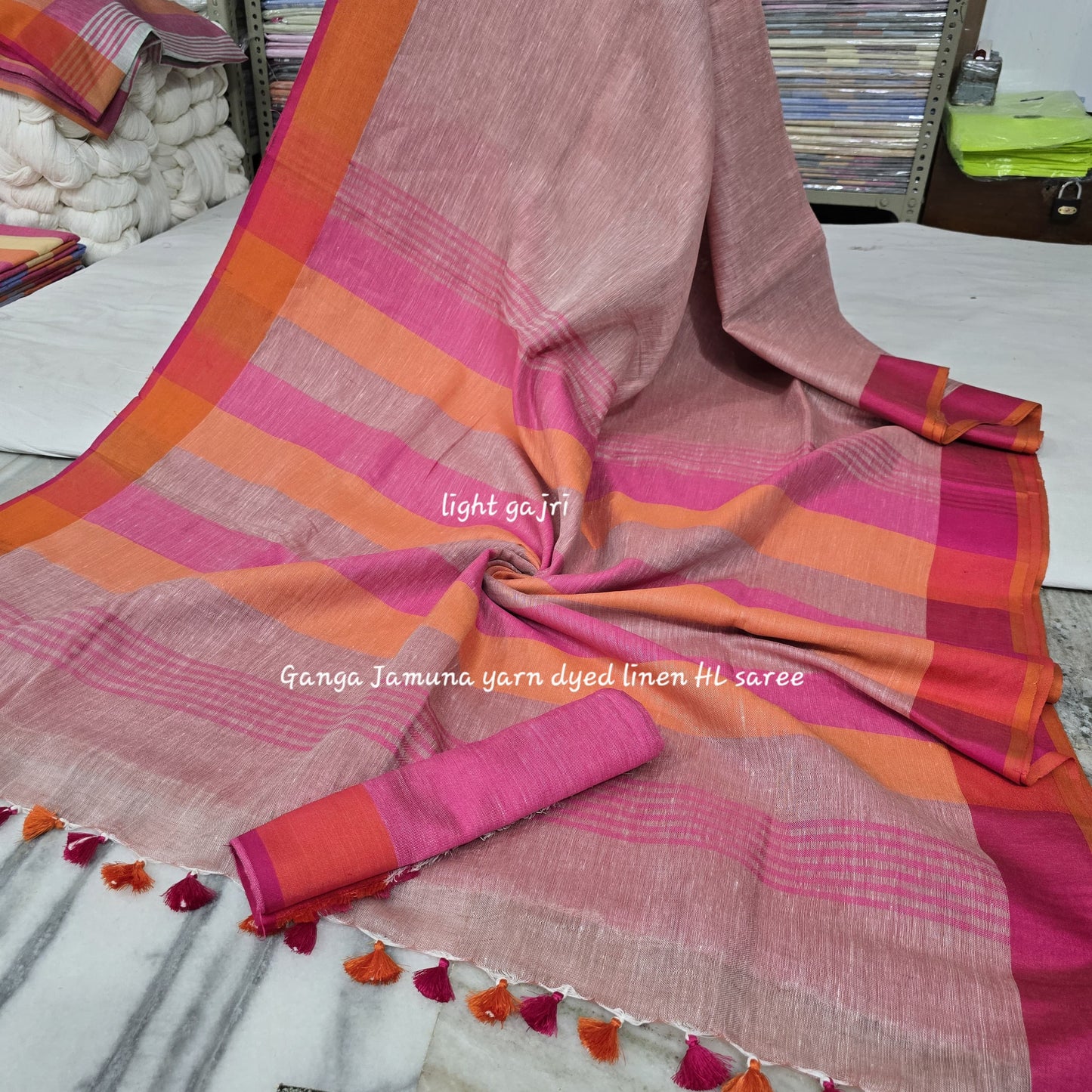 Pure Linen Plain Saree with Contrast Border, Contrast Blouse & Striped Pattu Pallu