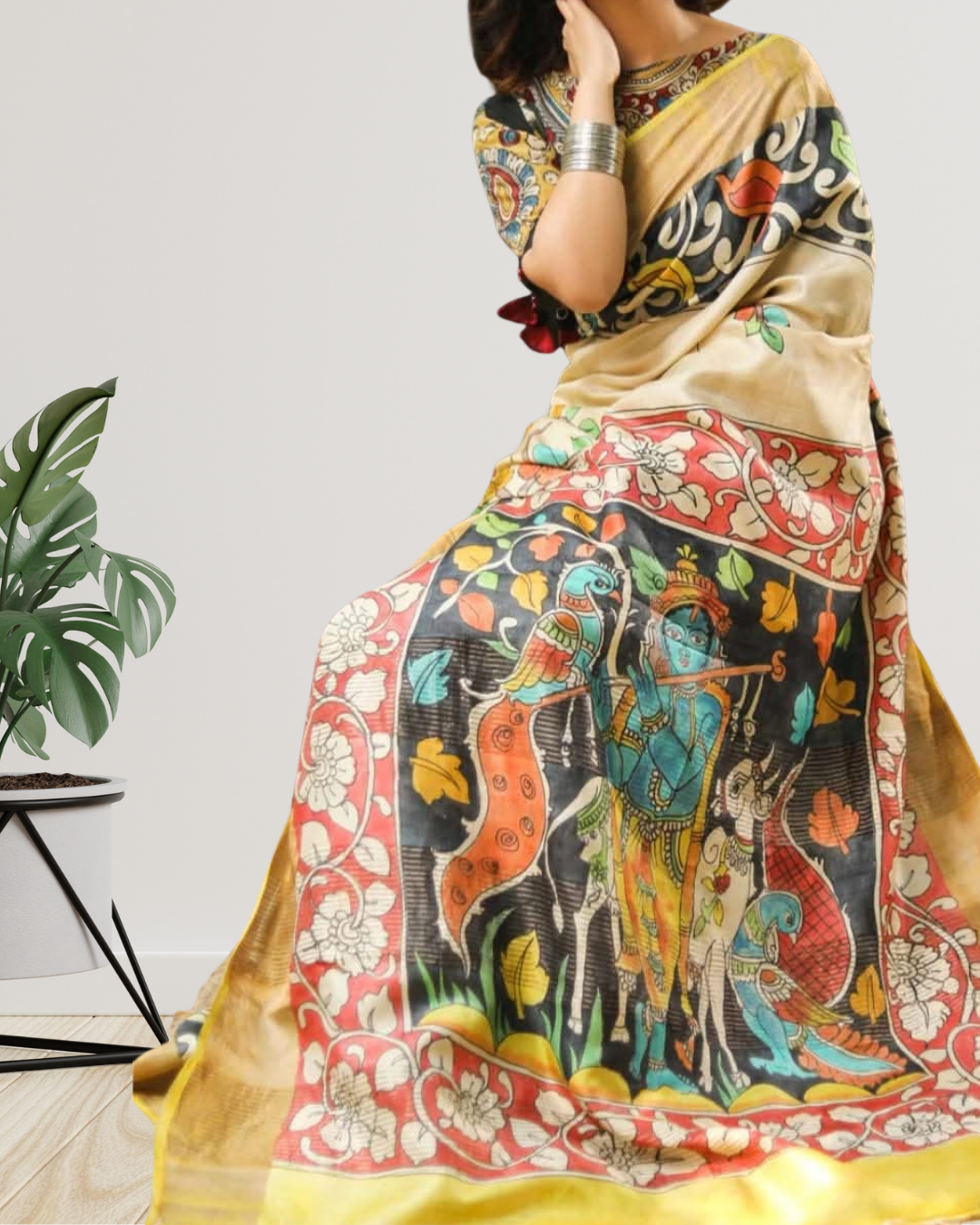 Hand-Painted Kalamkari on Zari Tussar Silk Saree | Silk Mark Certified | Pre-Booking