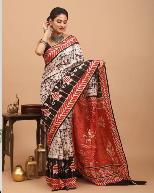 Batik Art on 3 Ply Murshidabad Silk Saree | Silk Mark Certified | Pre-Booking