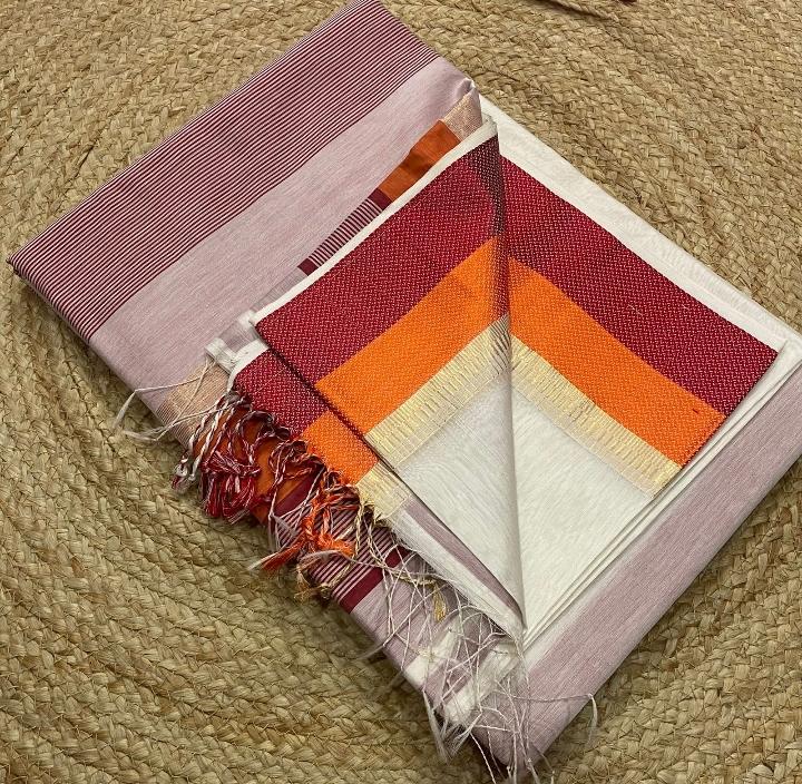 Maheshwari Handloom Silk Cotton Saree with Resham Border & Contrast Blouse