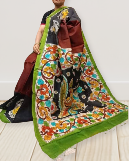 Hand-Painted Kalamkari on Bishnupuri Silk Saree | Silk Mark Certified | Pre-Booking