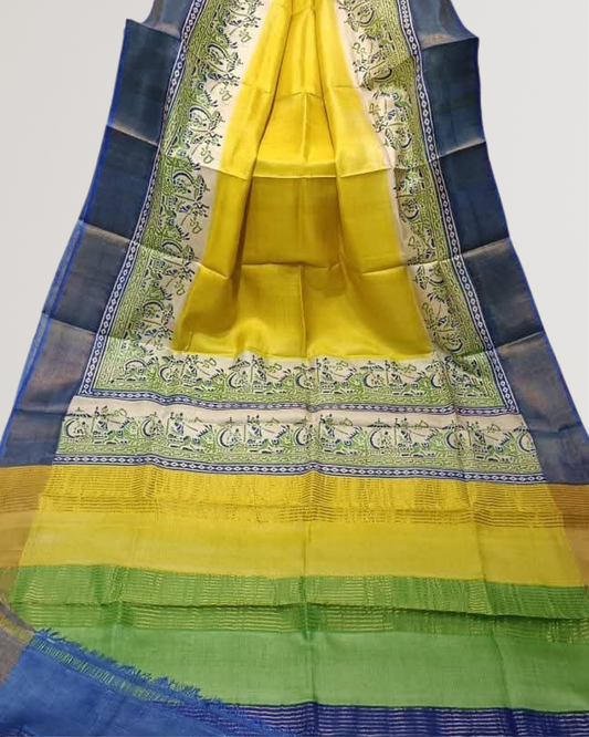 Hand Block Printed Zari Tussar Silk Saree | Silk Mark Certified | Pre-Booking