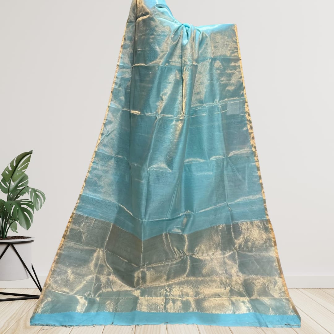 Hand woven Soft Tissue Linen Saree with Border, Tassel and with running blouse