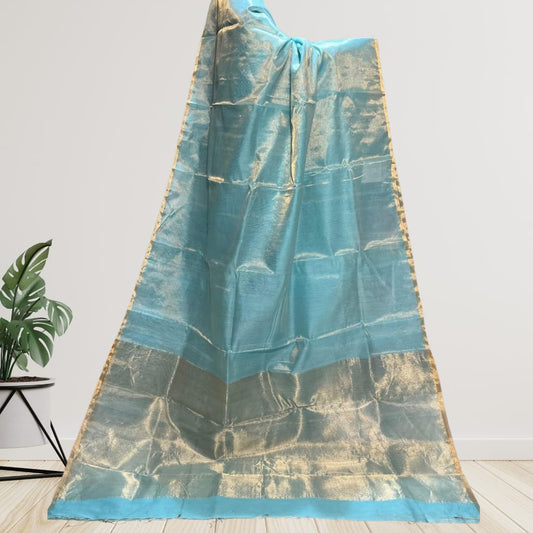 Hand woven Soft Tissue Linen Saree with Border, Tassel and with running blouse