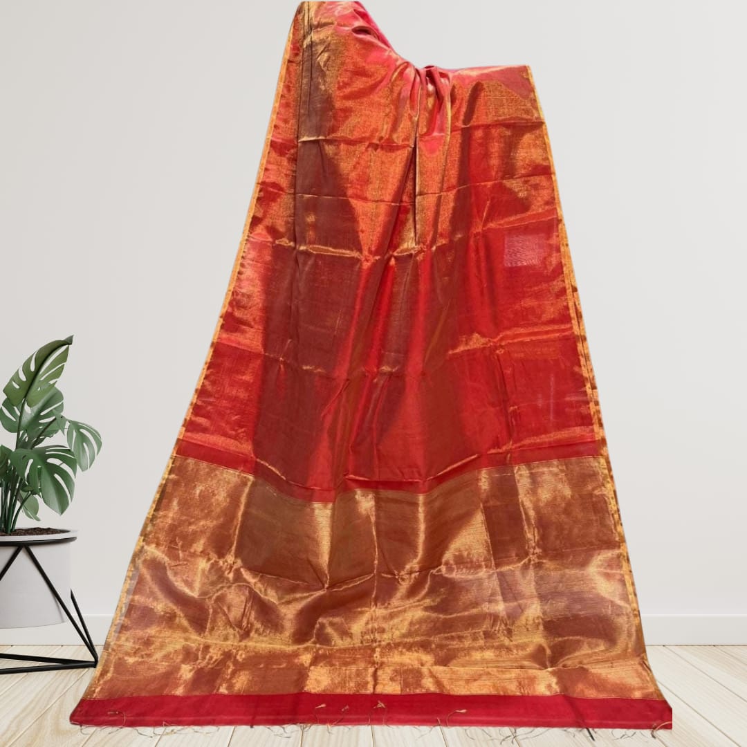Hand woven Soft Tissue Linen Saree with Border, Tassel and with running blouse