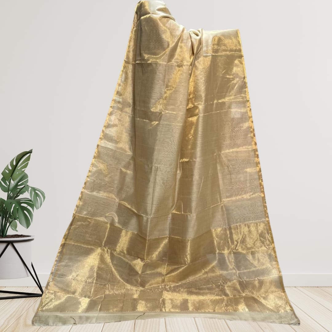 Hand woven Soft Tissue Linen Saree with Border, Tassel and with running blouse
