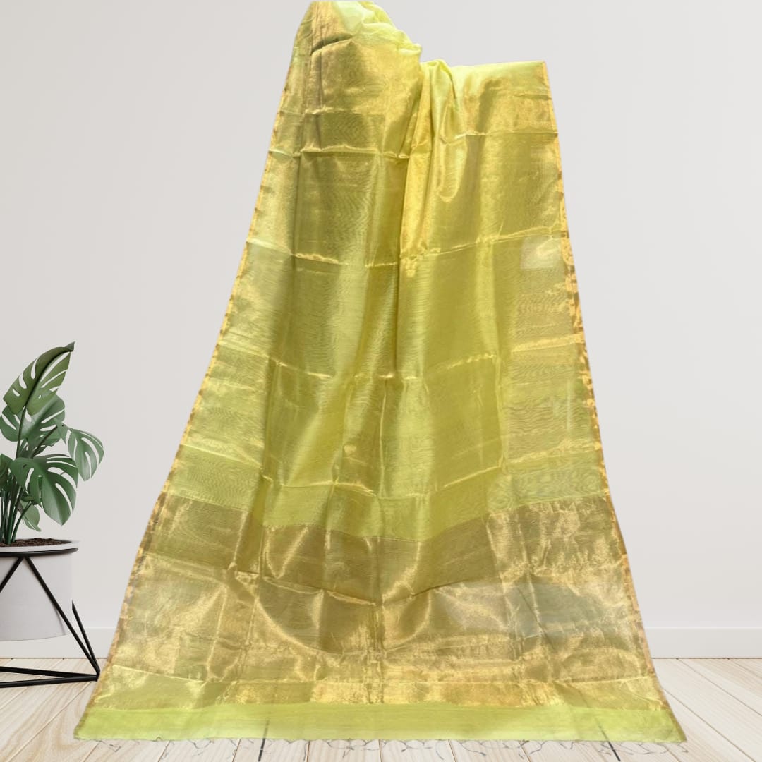 Hand woven Soft Tissue Linen Saree with Border, Tassel and with running blouse