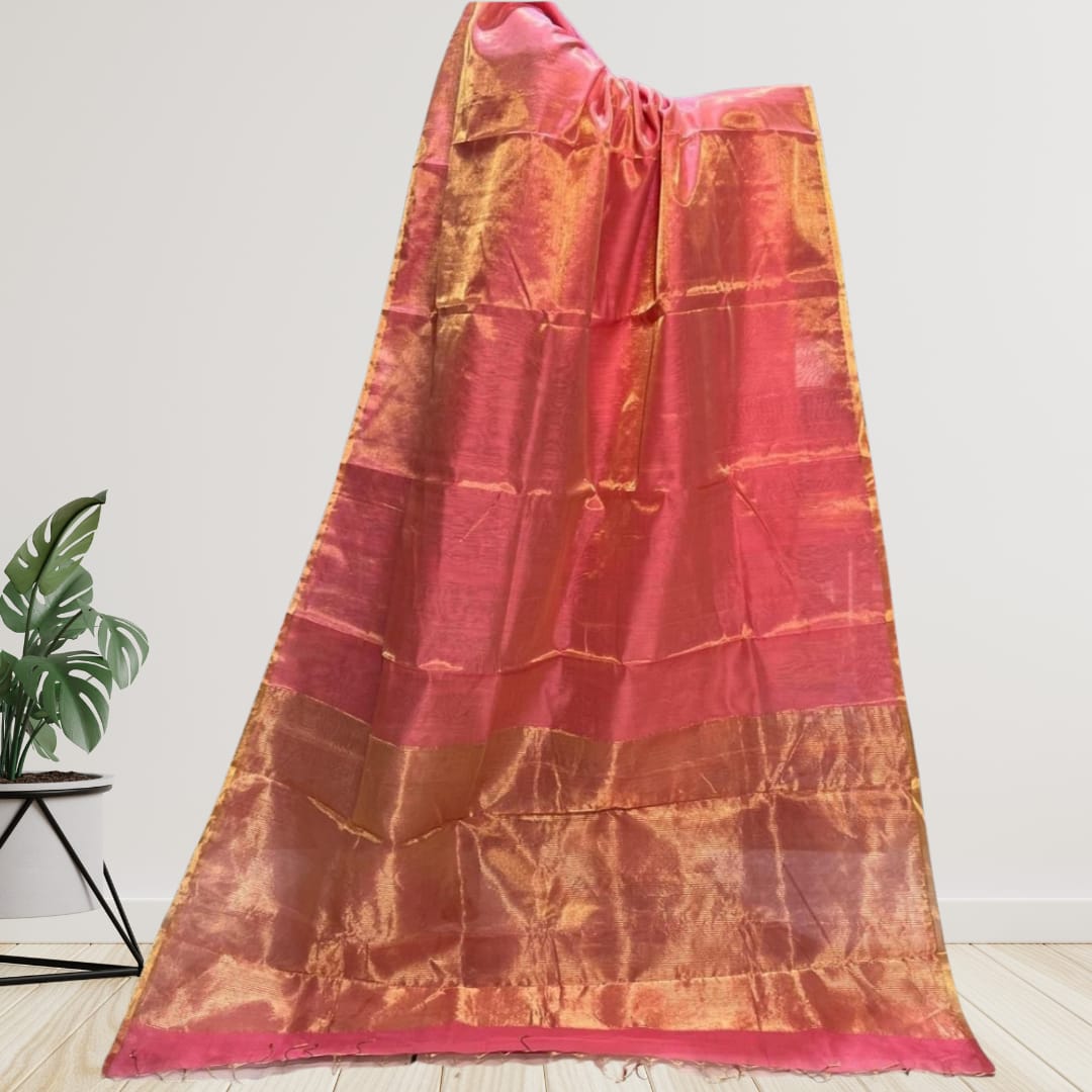 Hand woven Soft Tissue Linen Saree with Border, Tassel and with running blouse