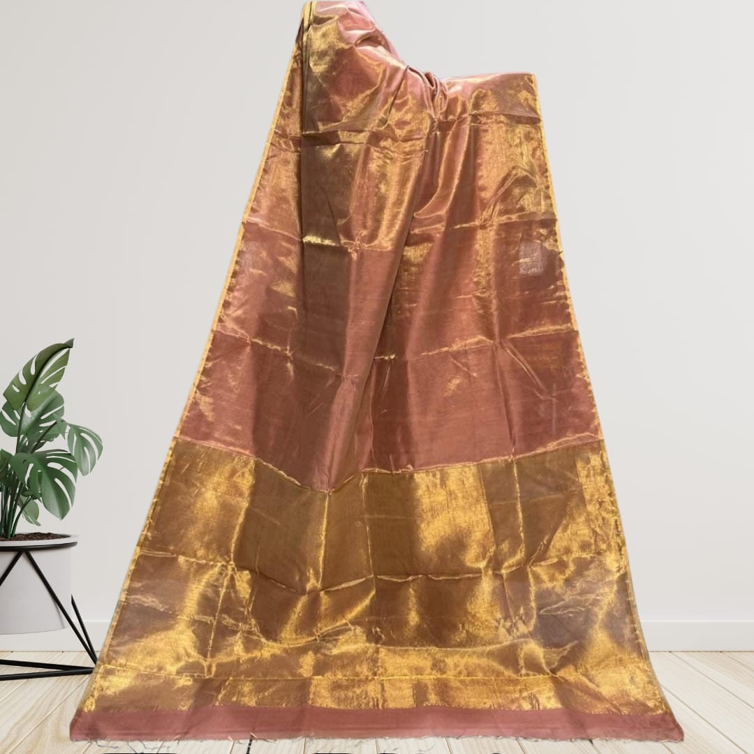 Hand woven Soft Tissue Linen Saree with Border, Tassel and with running blouse