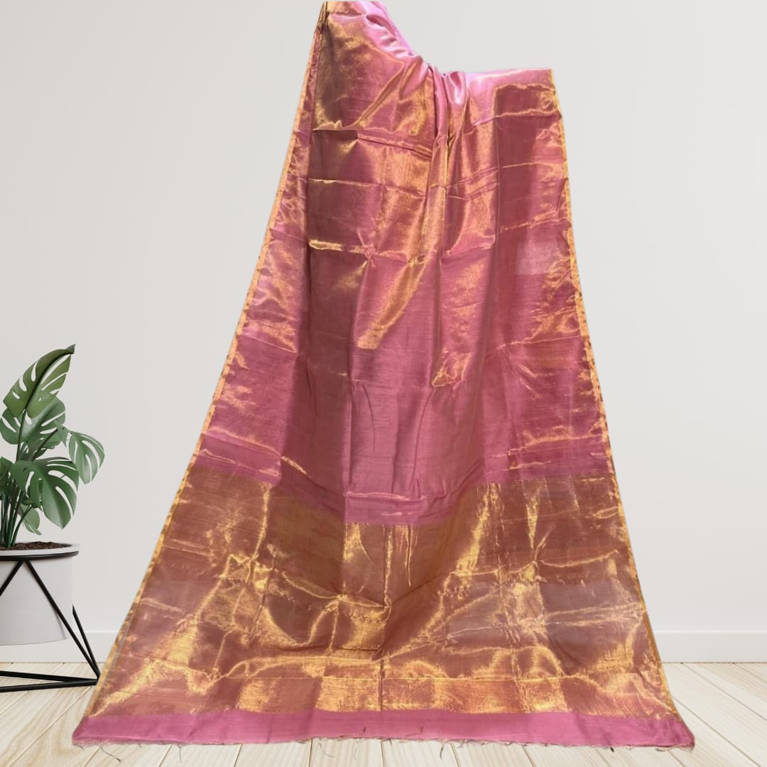 Hand woven Soft Tissue Linen Saree with Border, Tassel and with running blouse