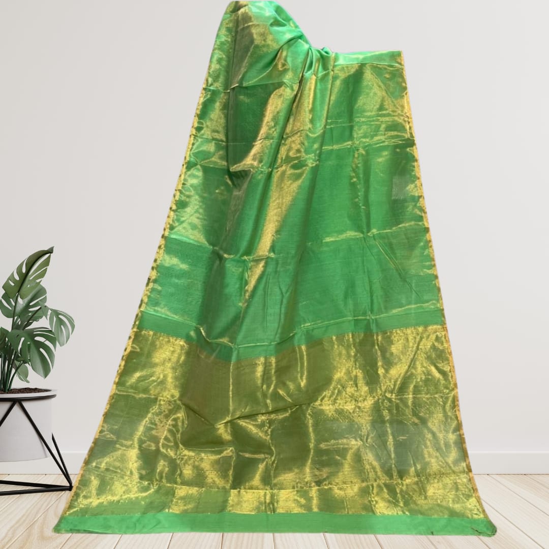 Hand woven Soft Tissue Linen Saree with Border, Tassel and with running blouse