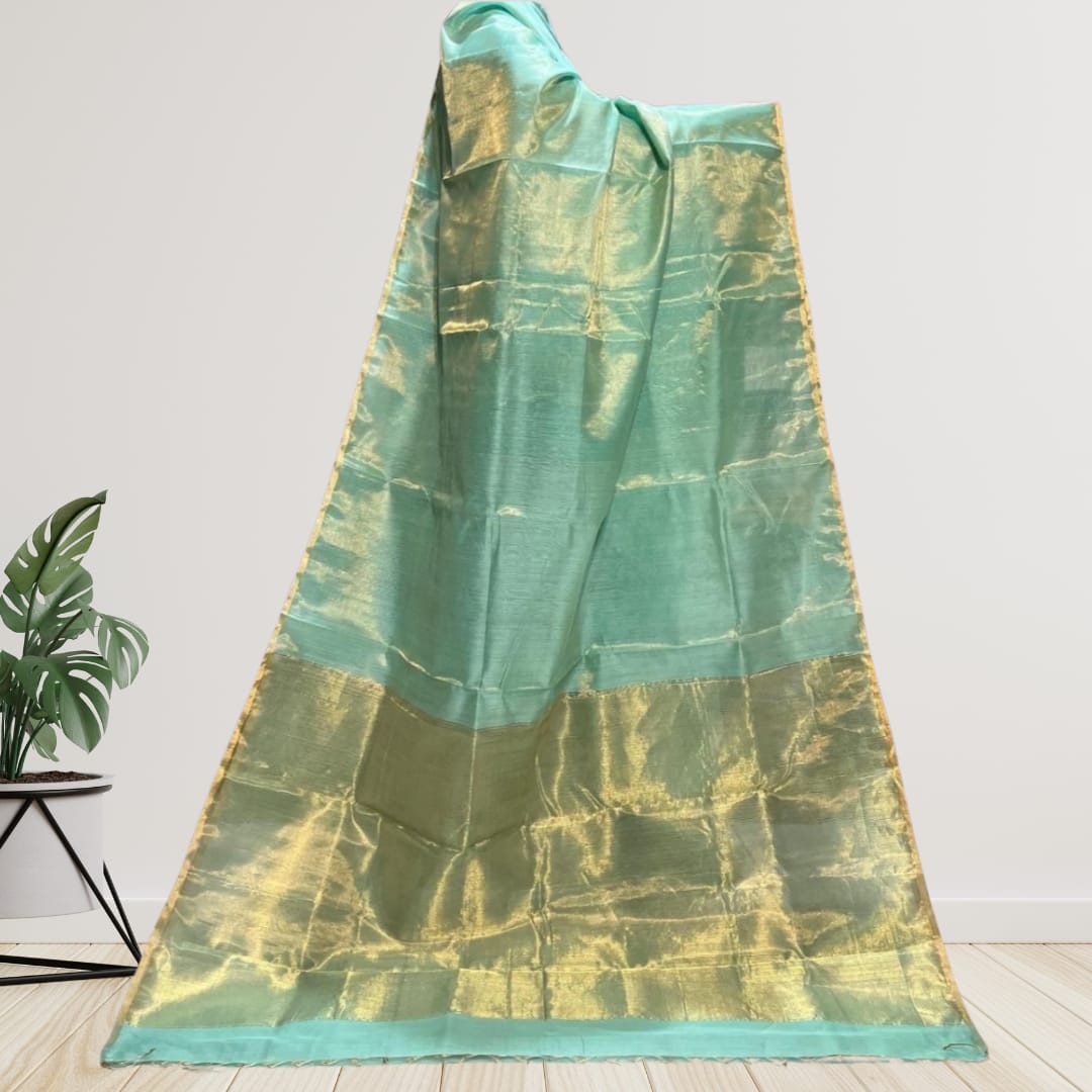 Hand woven Soft Tissue Linen Saree with Border, Tassel and with running blouse