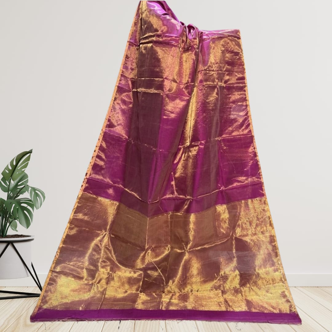 Hand woven Soft Tissue Linen Saree with Border, Tassel and with running blouse
