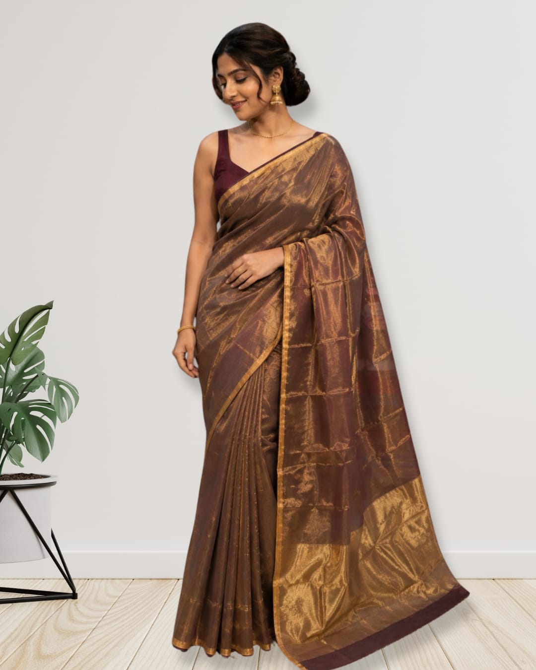 Hand woven Soft Tissue Linen Saree with Border, Tassel and with running blouse