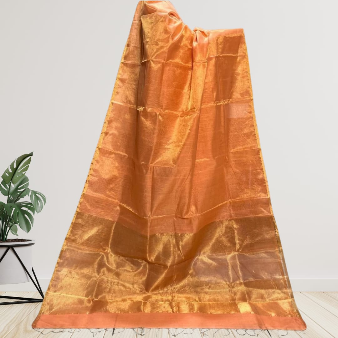 Hand woven Soft Tissue Linen Saree with Border, Tassel and with running blouse