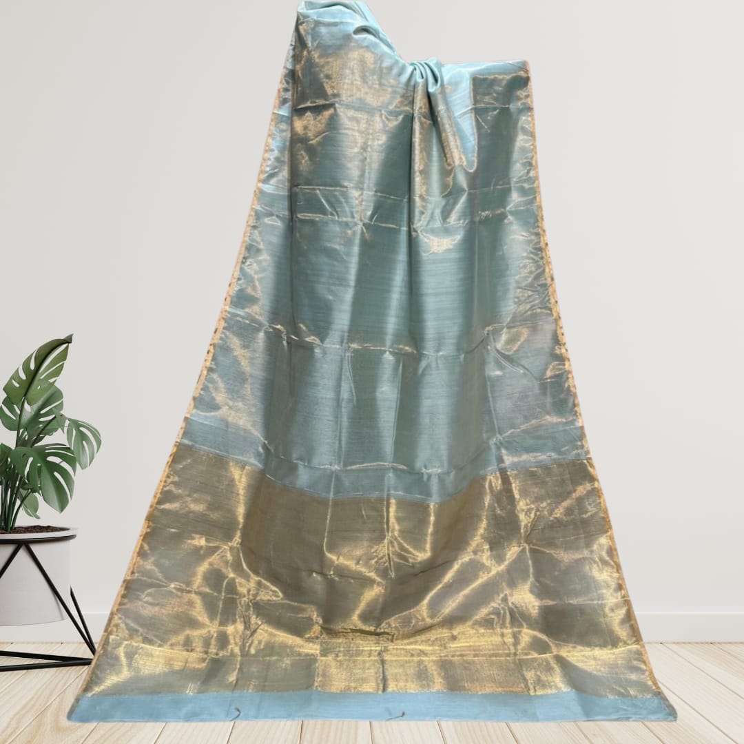 Hand woven Soft Tissue Linen Saree with Border, Tassel and with running blouse