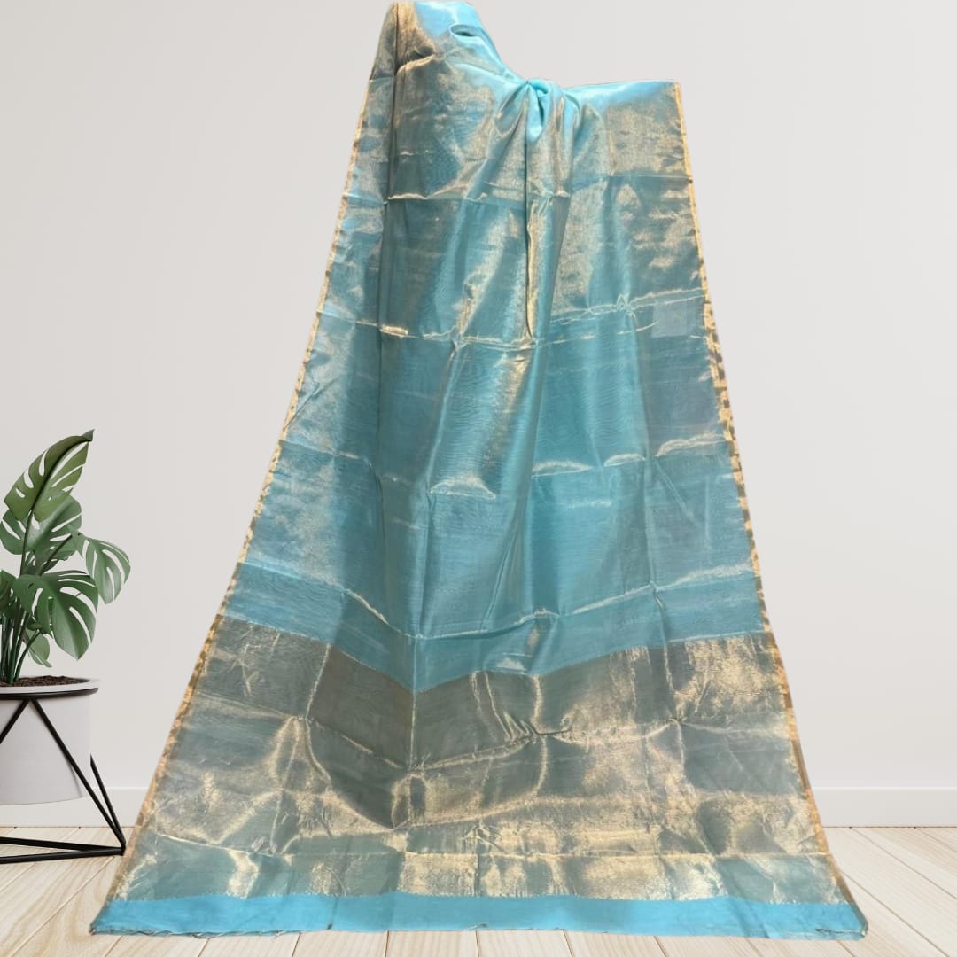 Hand woven Soft Tissue Linen Saree with Border, Tassel and with running blouse