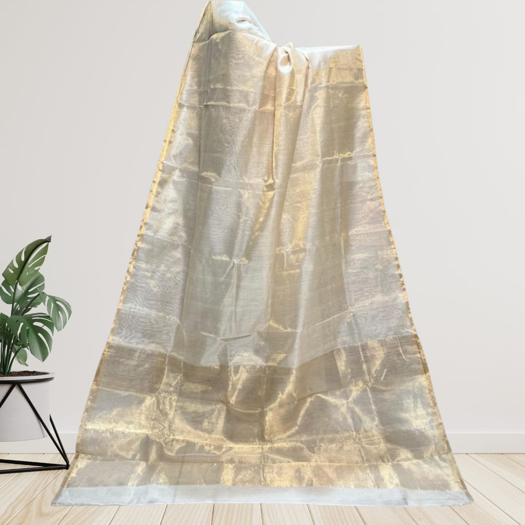 Hand woven Soft Tissue Linen Saree with Border, Tassel and with running blouse