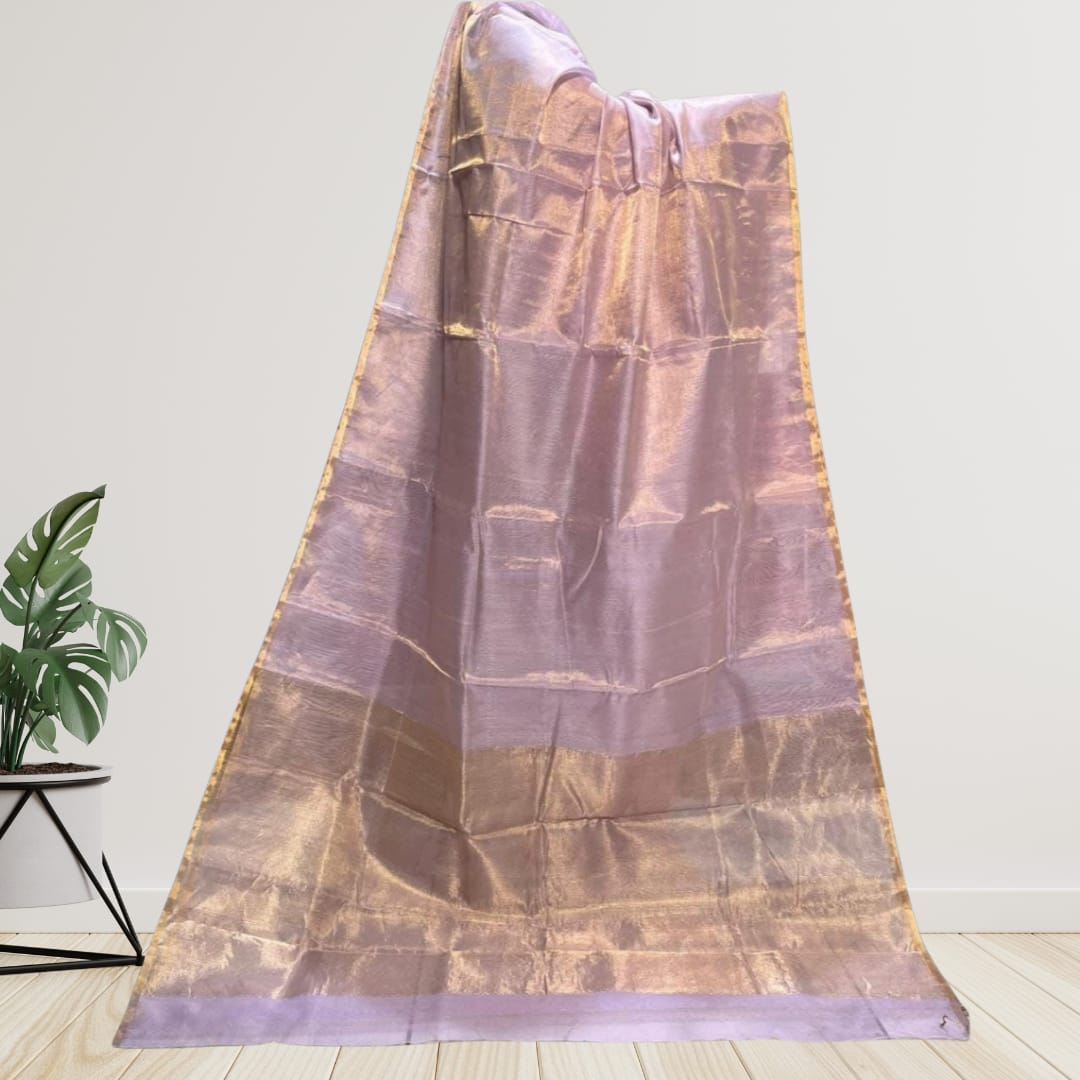 Hand woven Soft Tissue Linen Saree with Border, Tassel and with running blouse