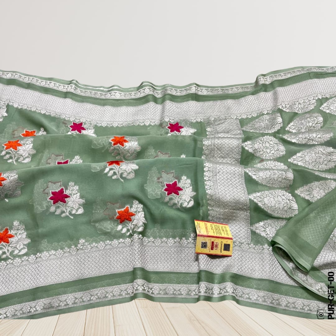 Handwoven Pure Georgette Khaddi Silver Zari Work Saree with Velvet Meenakari Work
