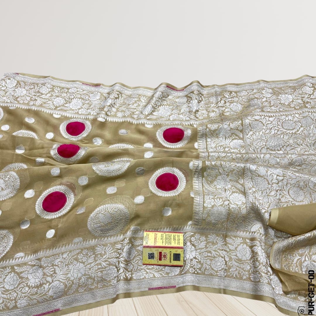 Handwoven Pure Georgette Khaddi Silver Zari Work Saree with Velvet Meenakari Work