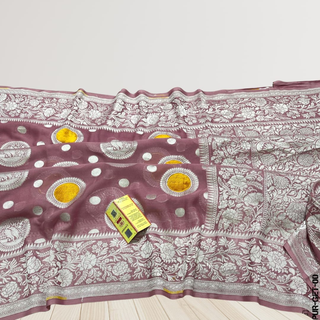 Handwoven Pure Georgette Khaddi Silver Zari Work Saree with Velvet Meenakari Work