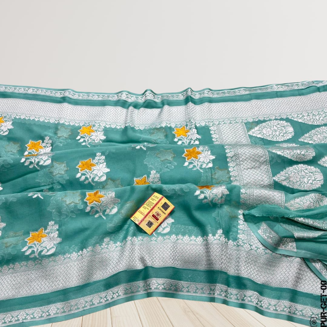 Handwoven Pure Georgette Khaddi Silver Zari Work Saree with Velvet Meenakari Work