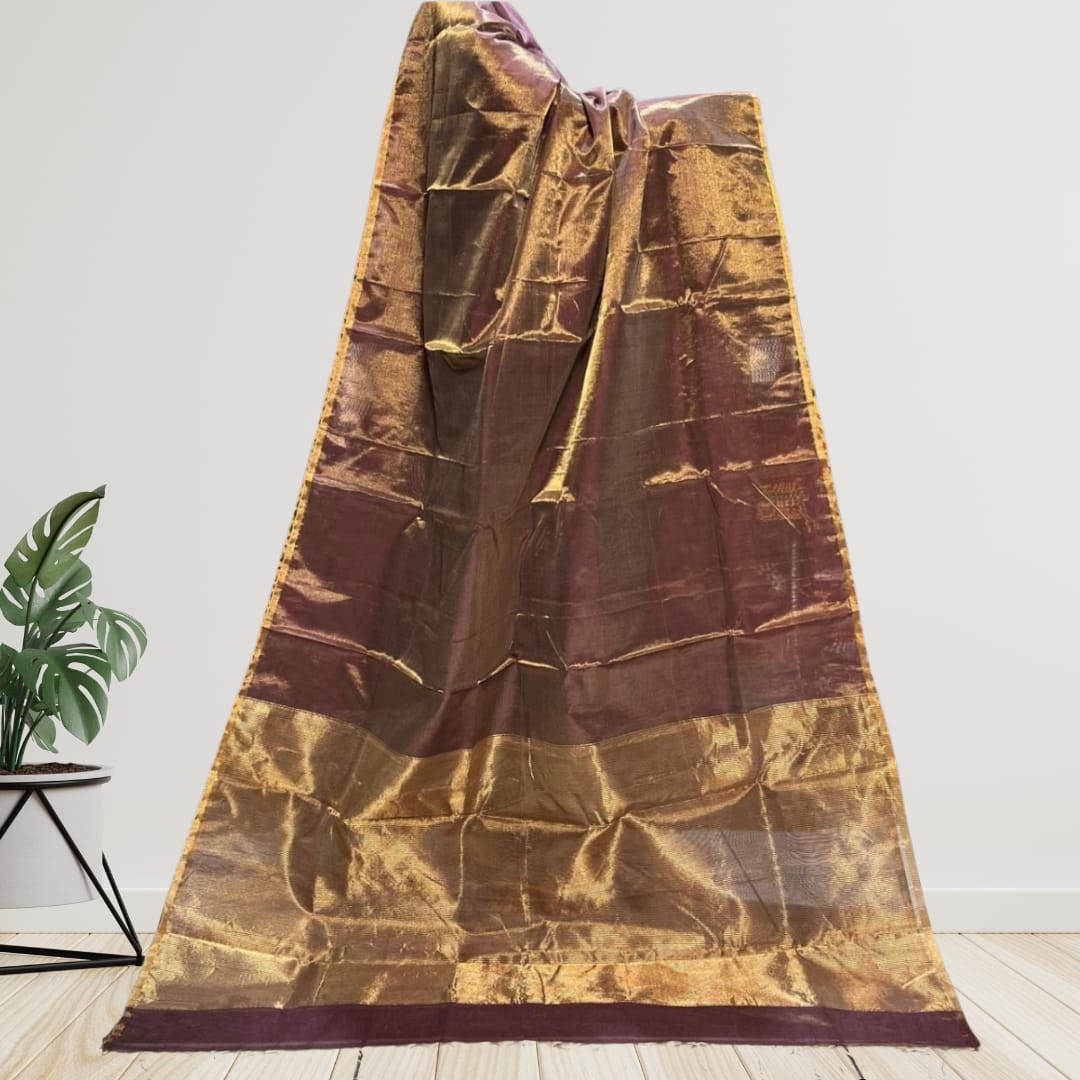 Hand woven Soft Tissue Linen Saree with Border, Tassel and with running blouse
