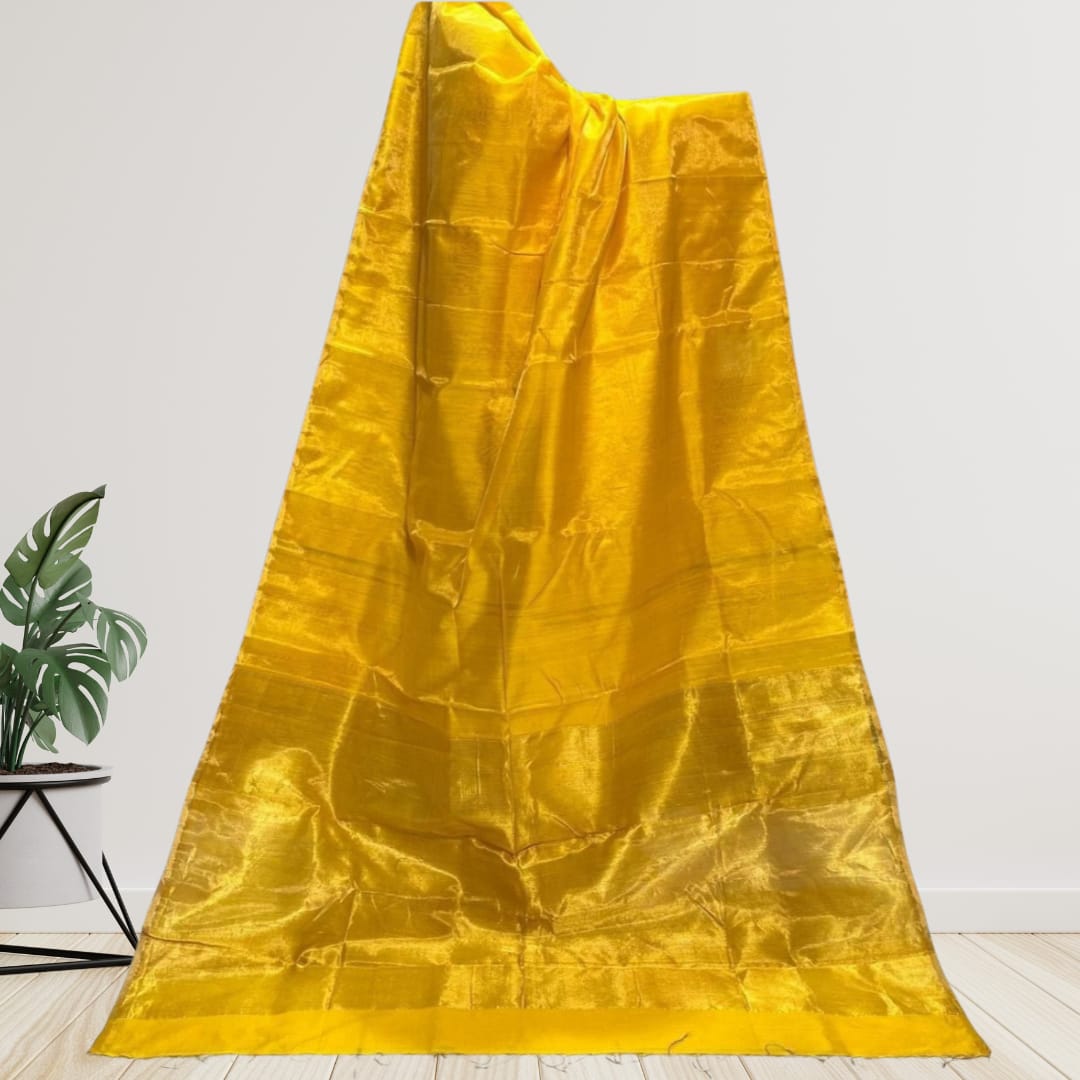 Hand woven Soft Tissue Linen Saree with Border, Tassel and with running blouse