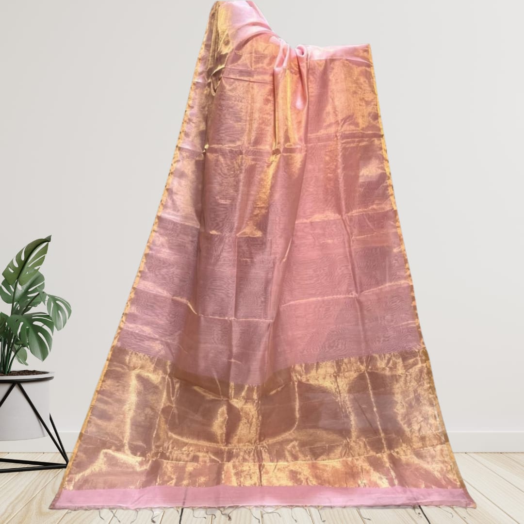 Hand woven Soft Tissue Linen Saree with Border, Tassel and with running blouse