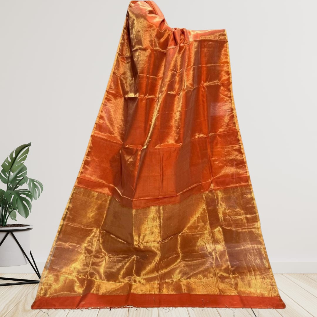 Hand woven Soft Tissue Linen Saree with Border, Tassel and with running blouse