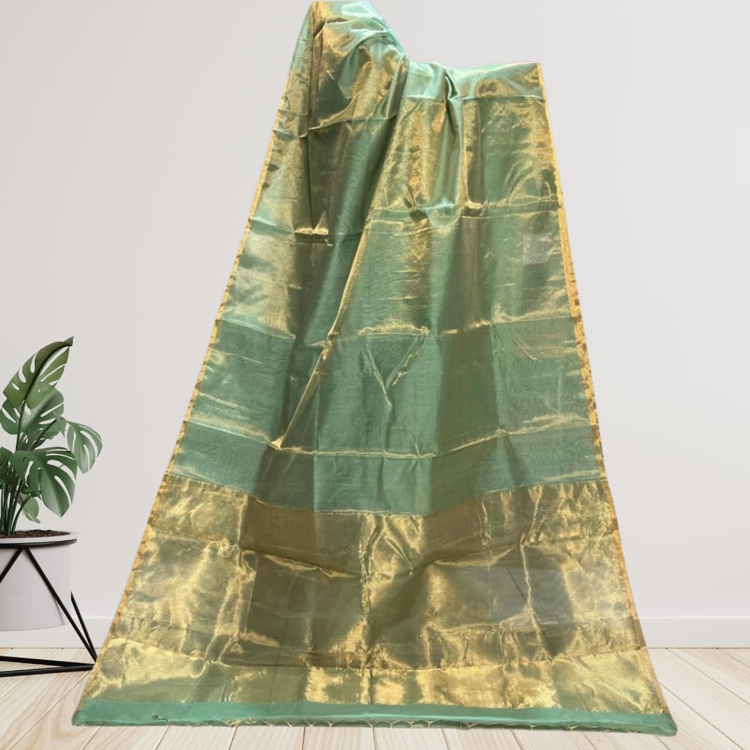 Hand woven Soft Tissue Linen Saree with Border, Tassel and with running blouse