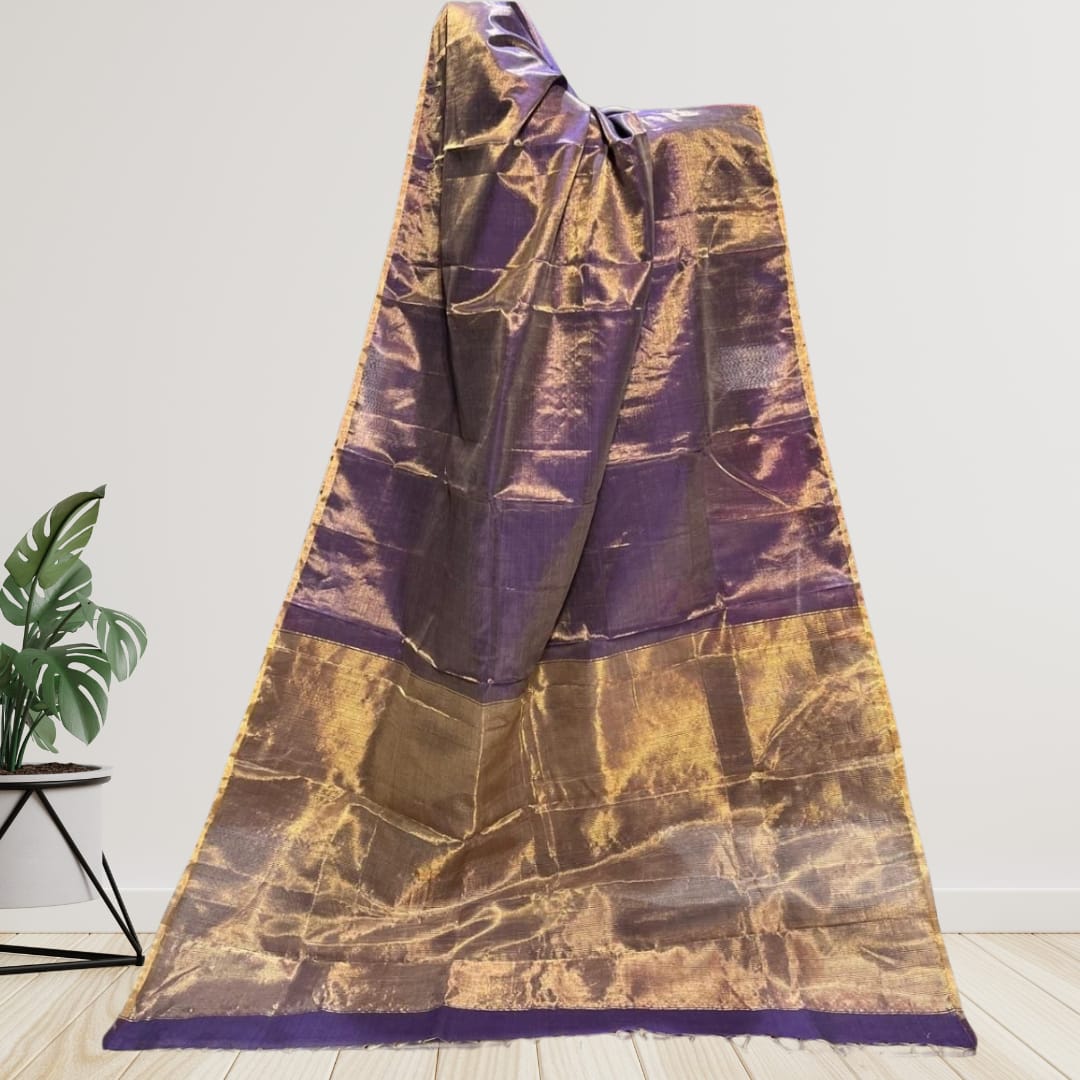 Hand woven Soft Tissue Linen Saree with Border, Tassel and with running blouse