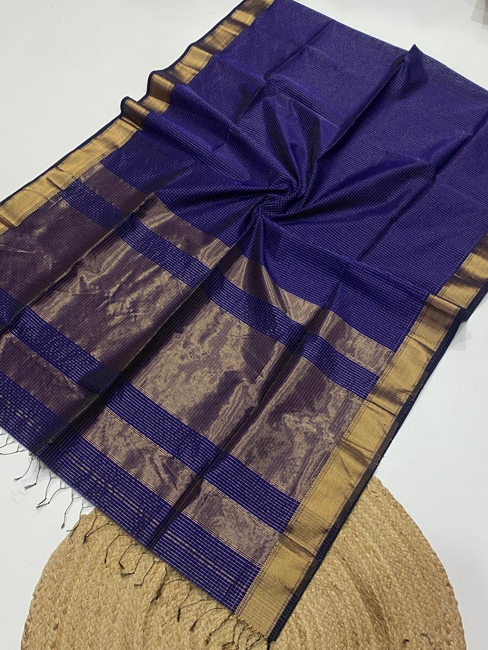Maheshwari Handloom Silk Cotton Saree with Zari Border & All-Over Zari Checks