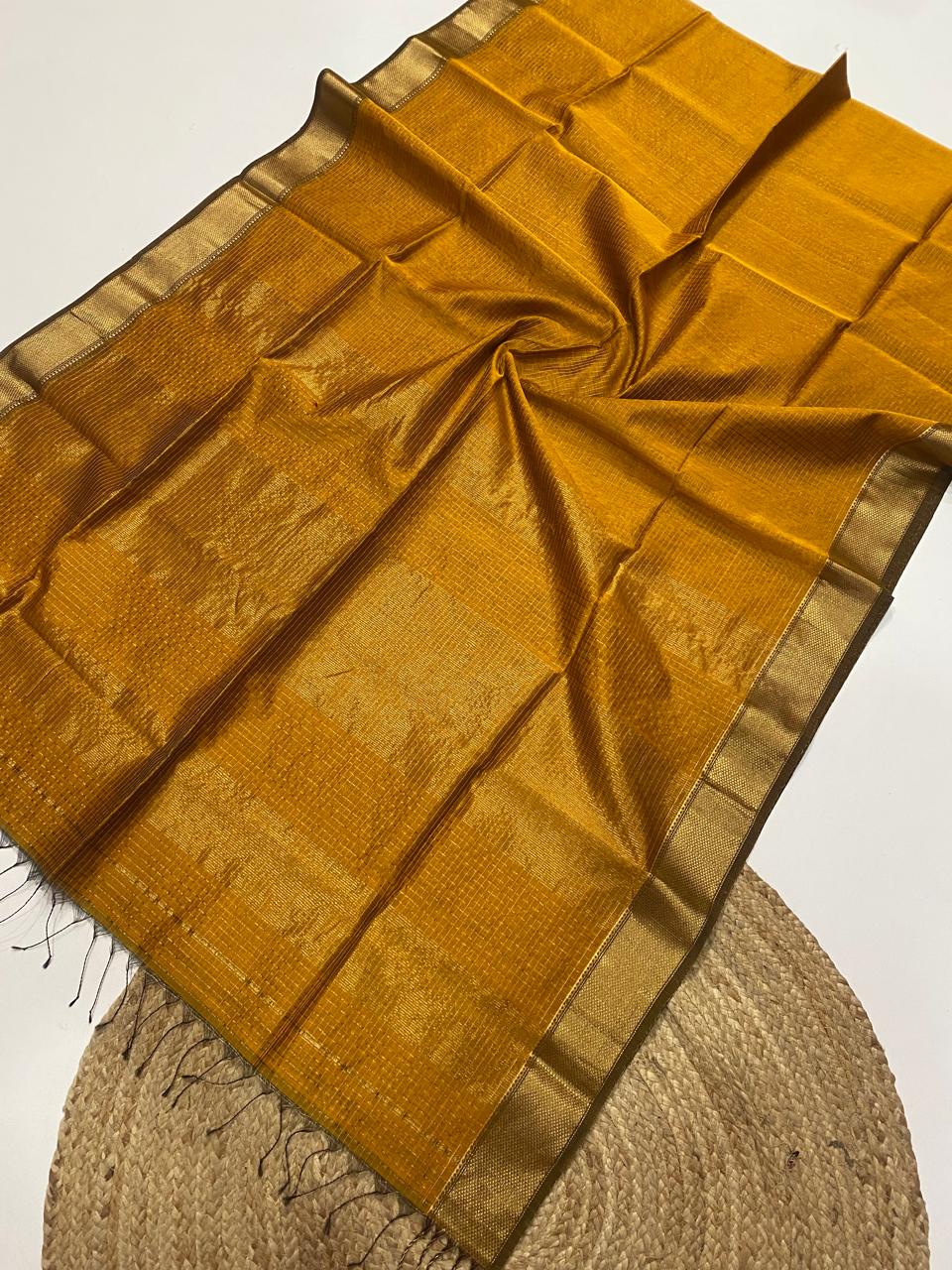 Maheshwari Handloom Silk Cotton Saree with Zari Border & All-Over Zari Checks