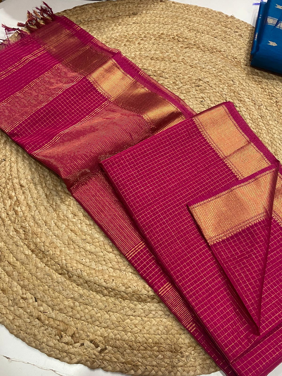 Maheshwari Handloom Silk Cotton Saree with Zari Border & All-Over Zari Checks