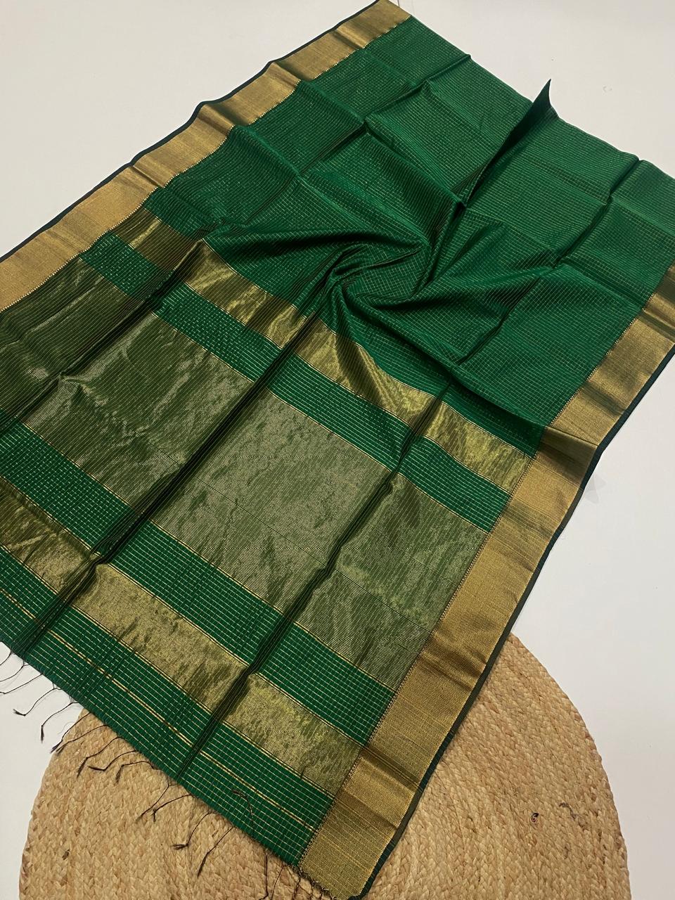 Maheshwari Handloom Silk Cotton Saree with Zari Border & All-Over Zari Checks