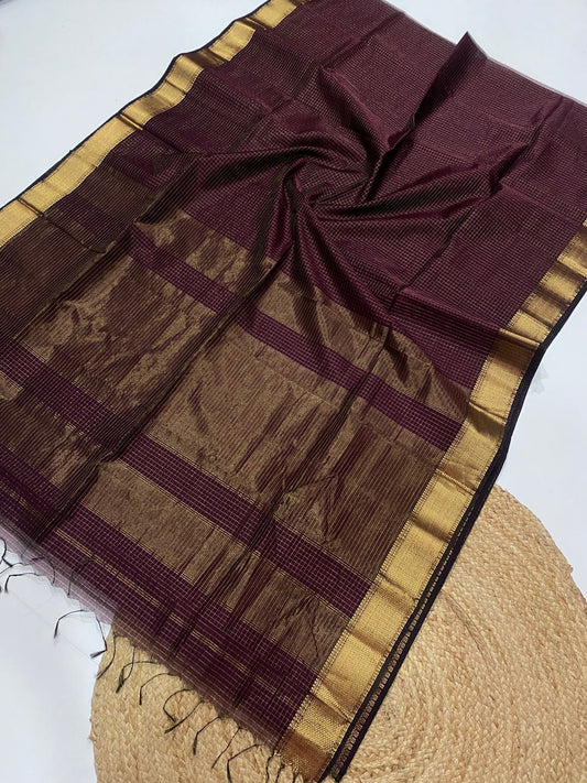 Maheshwari Handloom Silk Cotton Saree with Zari Border & All-Over Zari Checks