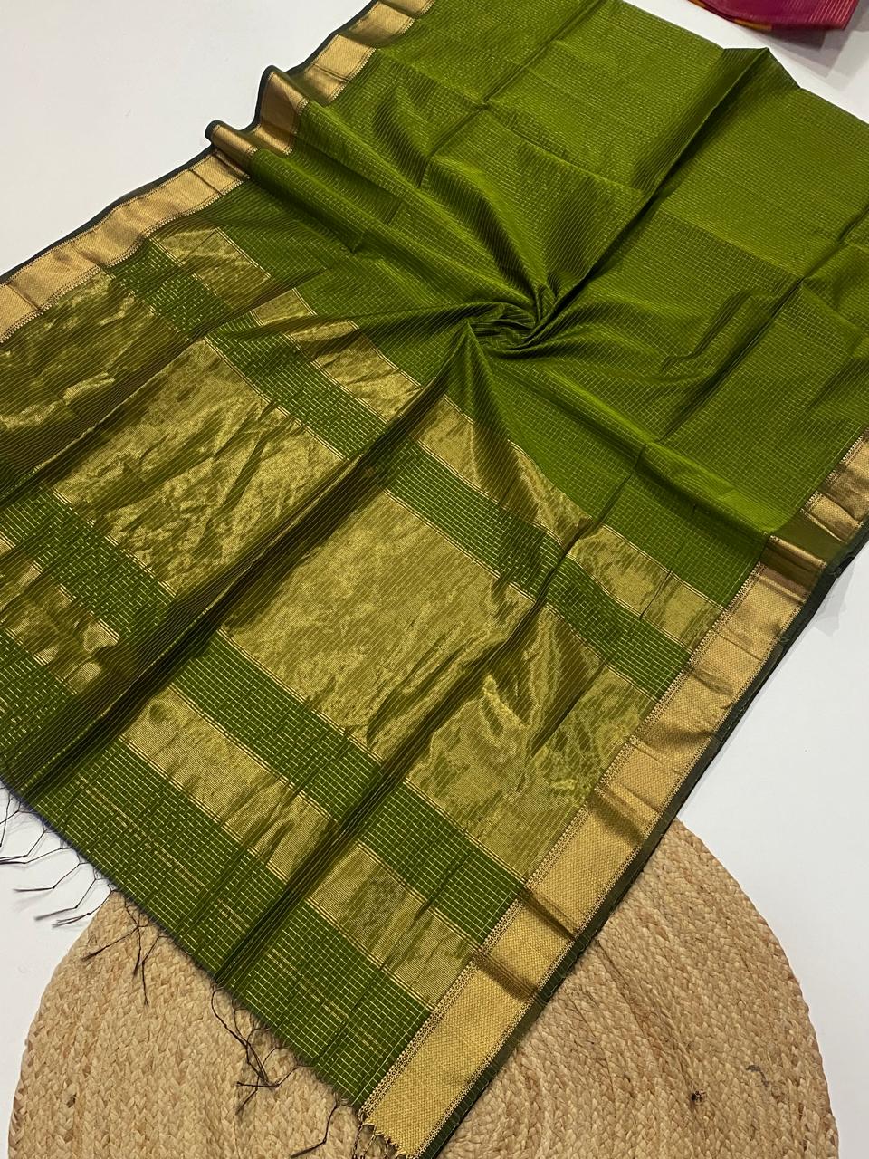 Maheshwari Handloom Silk Cotton Saree with Zari Border & All-Over Zari Checks