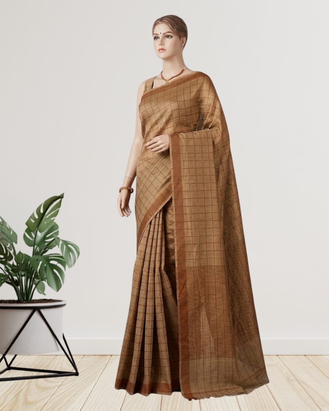 Pure Tussar Silk Saree with All-Over Box Weave Design & Blouse Piece