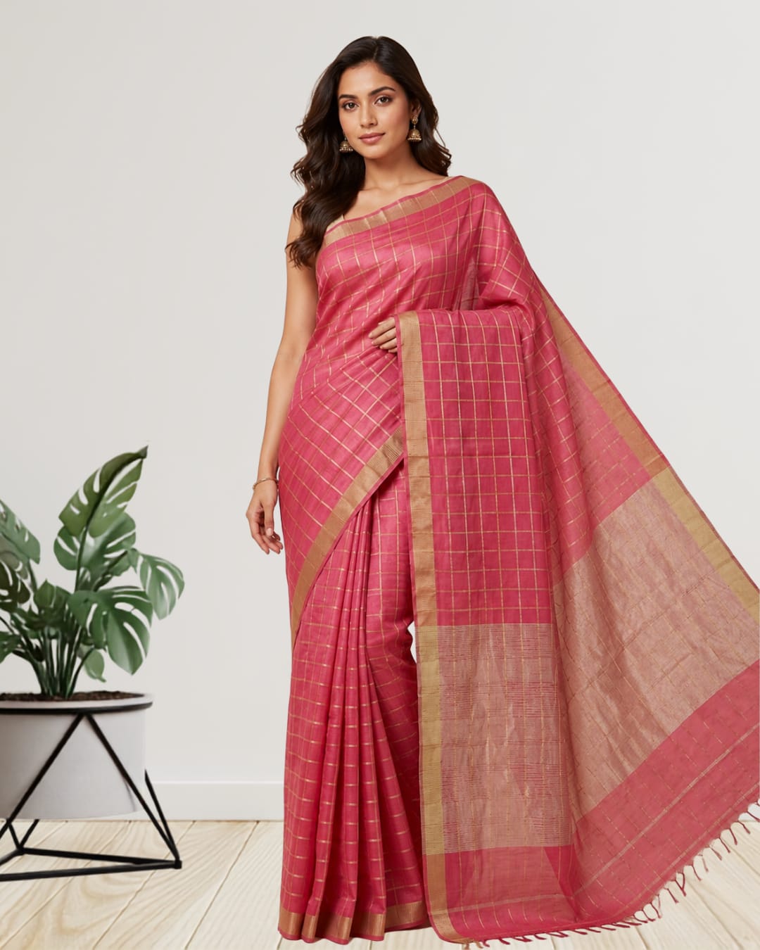 Pure Tussar Silk Saree with All-Over Box Weave Design & Blouse Piece