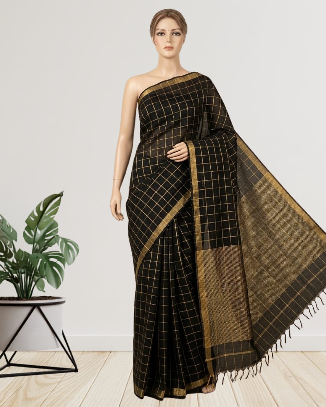 Pure Tussar Silk Saree with All-Over Box Weave Design & Blouse Piece