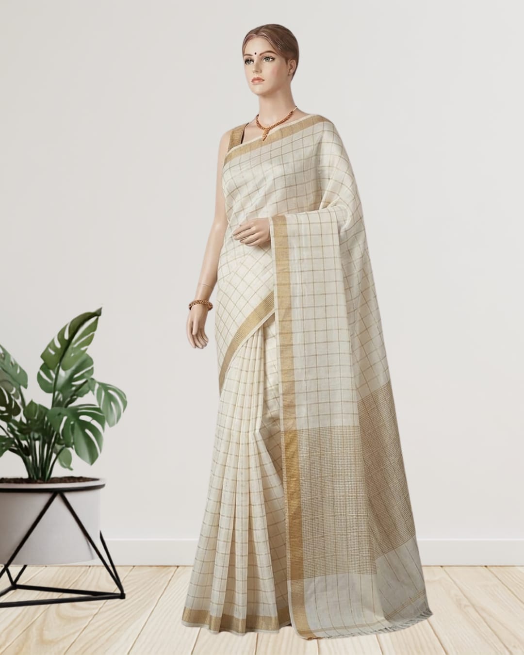Pure Tussar Silk Saree with All-Over Box Weave Design & Blouse Piece