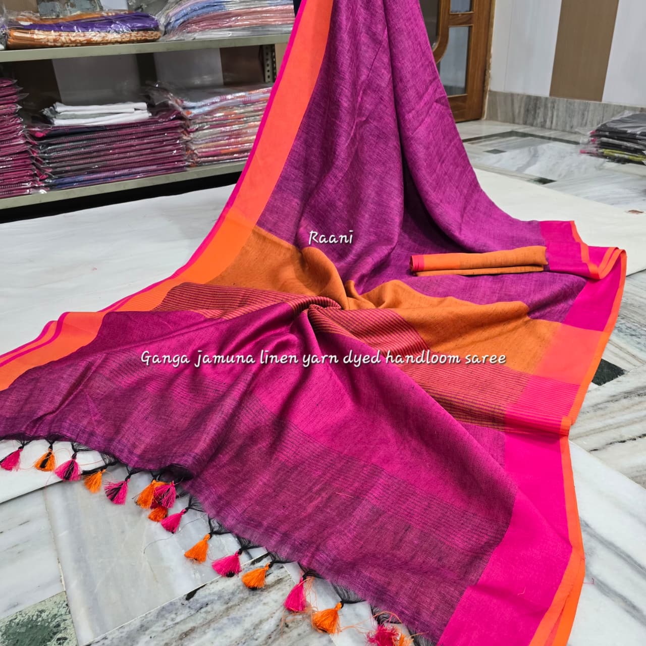 Pure Linen Plain Saree with Contrast Border, Contrast Blouse & Pattu Pallu