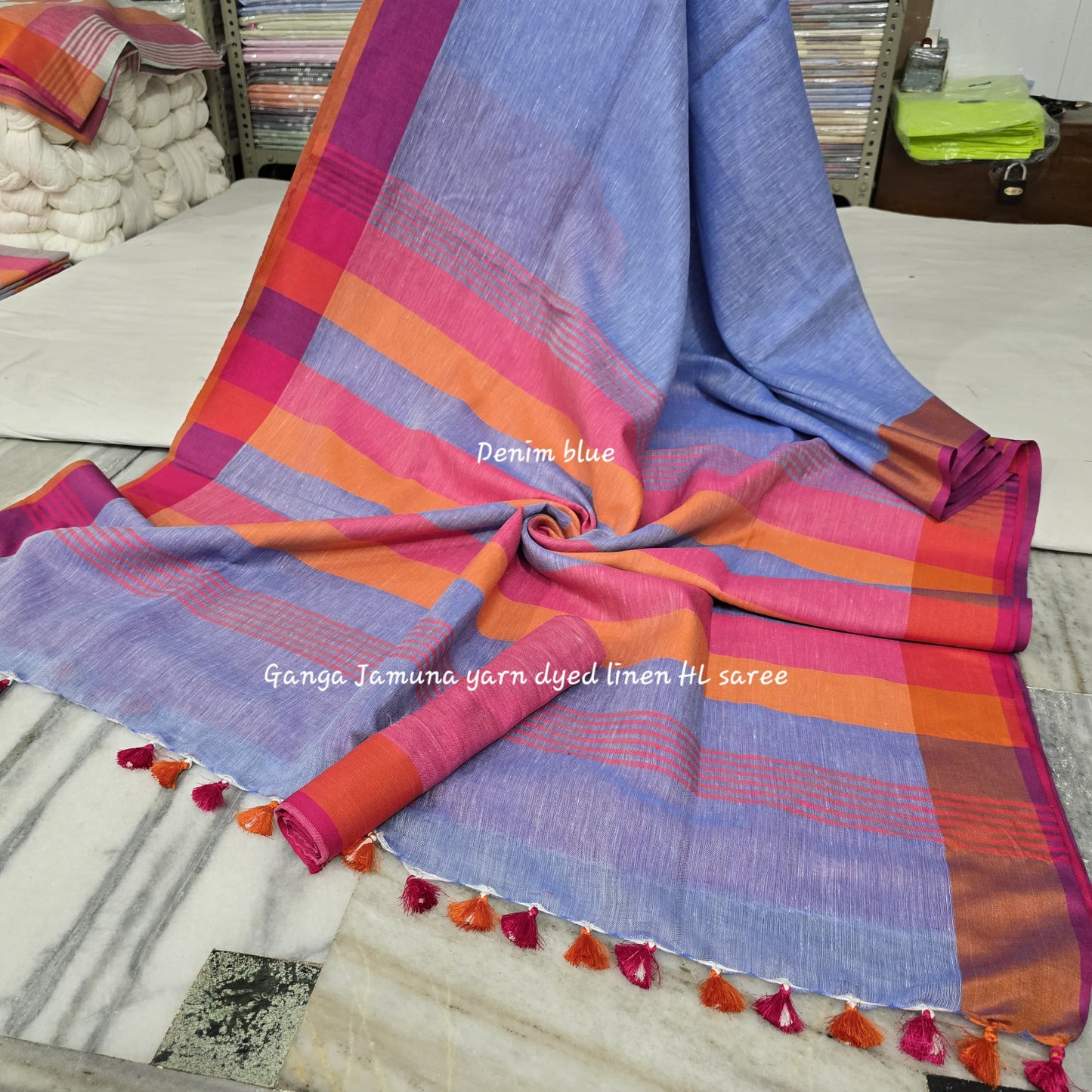 Pure Linen Plain Saree with Contrast Border, Contrast Blouse & Striped Pattu Pallu