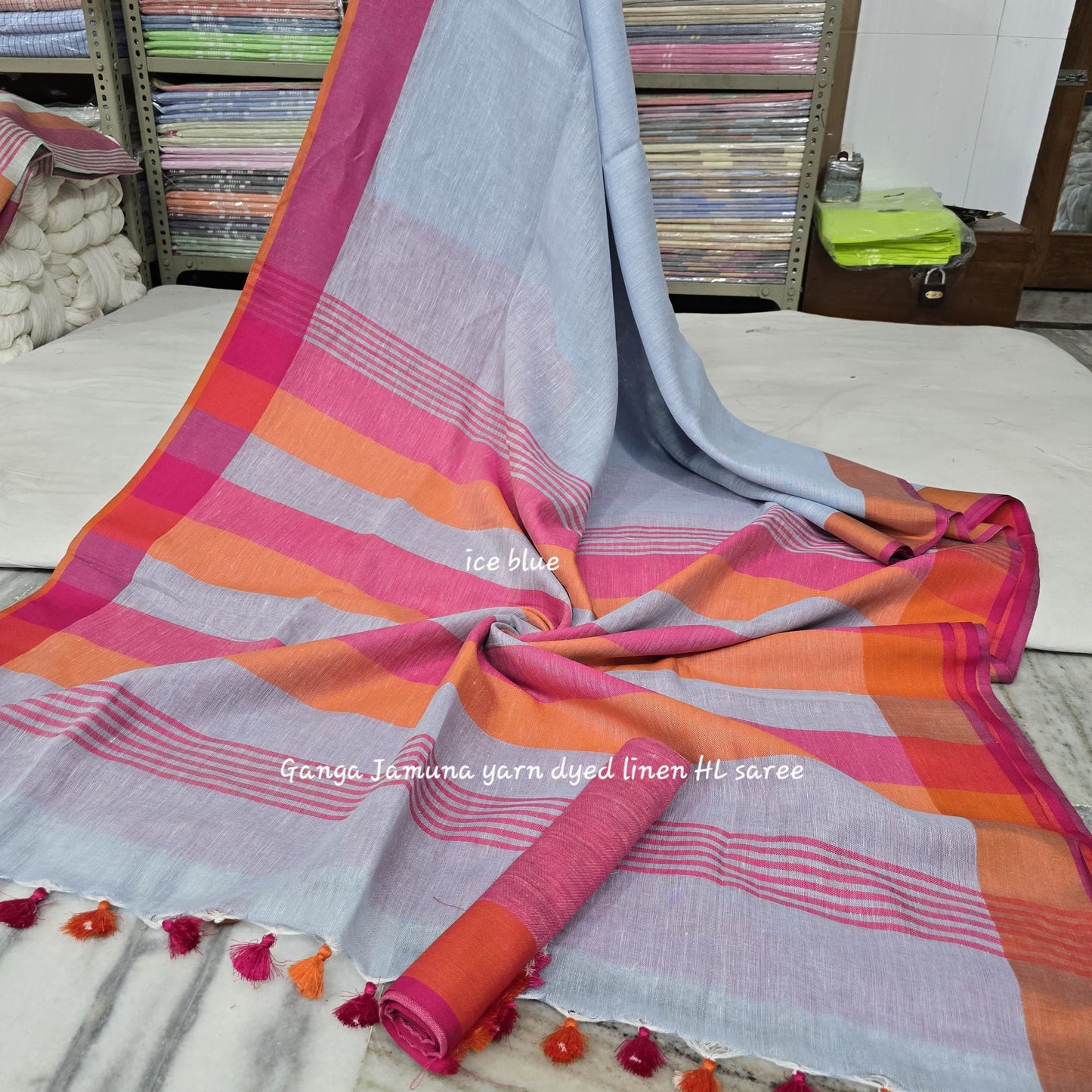 Pure Linen Plain Saree with Contrast Border, Contrast Blouse & Striped Pattu Pallu