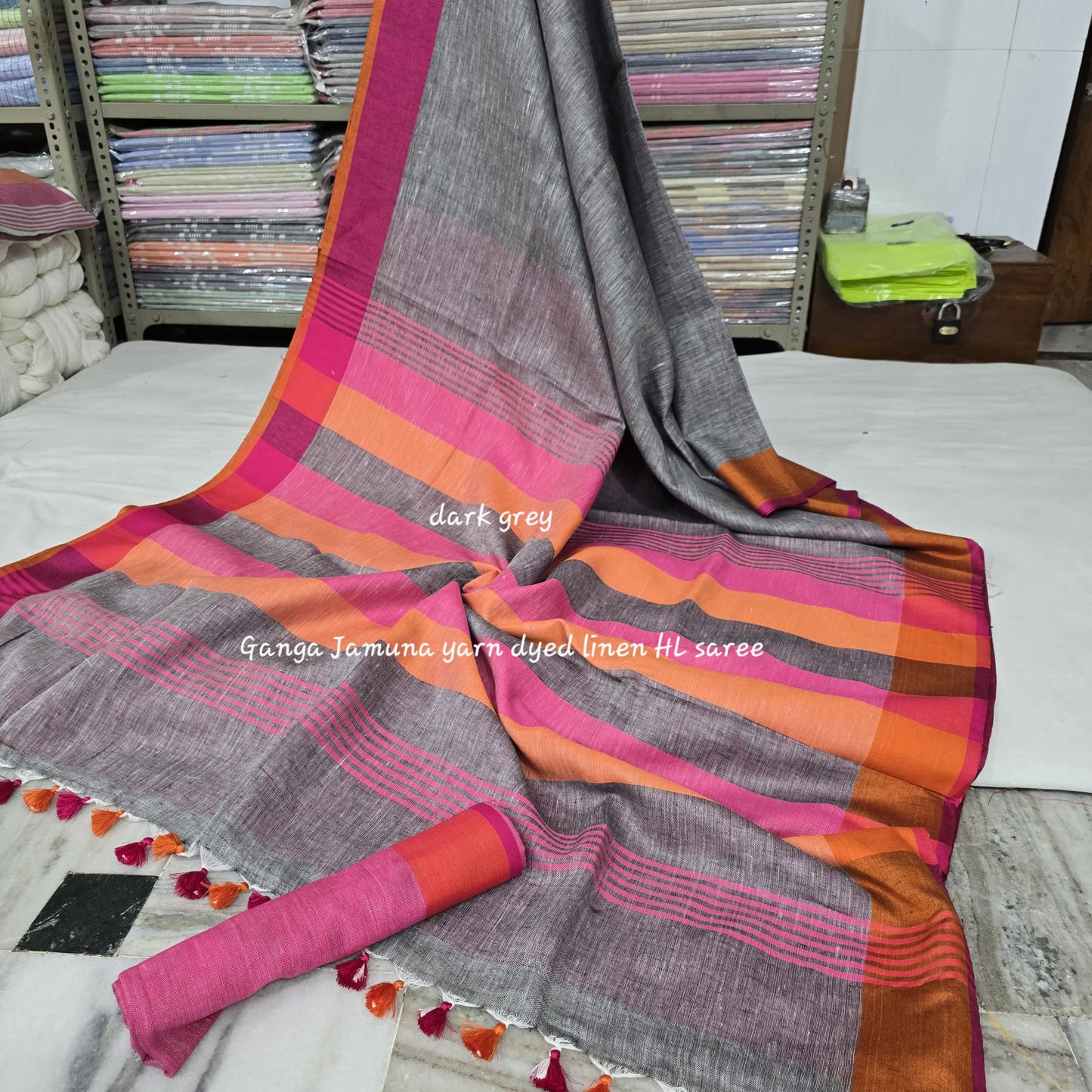 Pure Linen Plain Saree with Contrast Border, Contrast Blouse & Striped Pattu Pallu