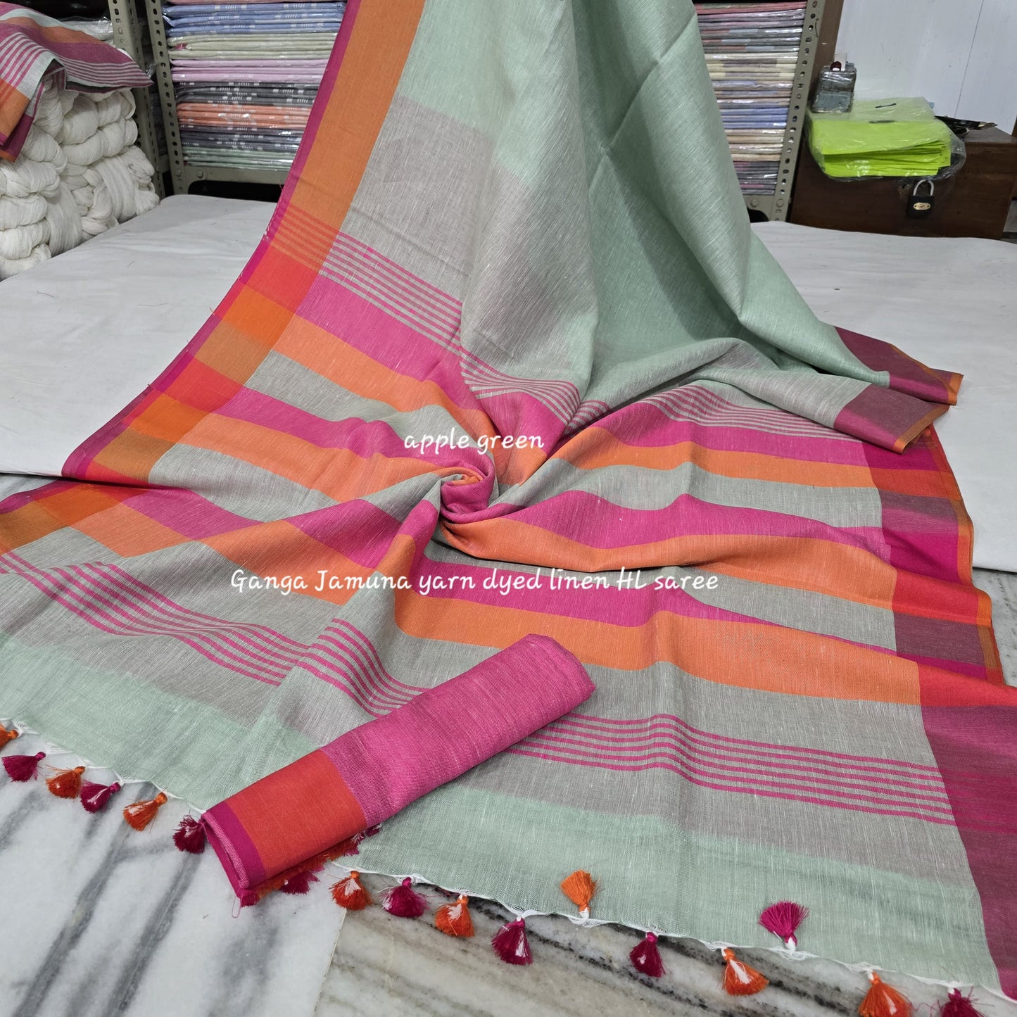 Pure Linen Plain Saree with Contrast Border, Contrast Blouse & Striped Pattu Pallu