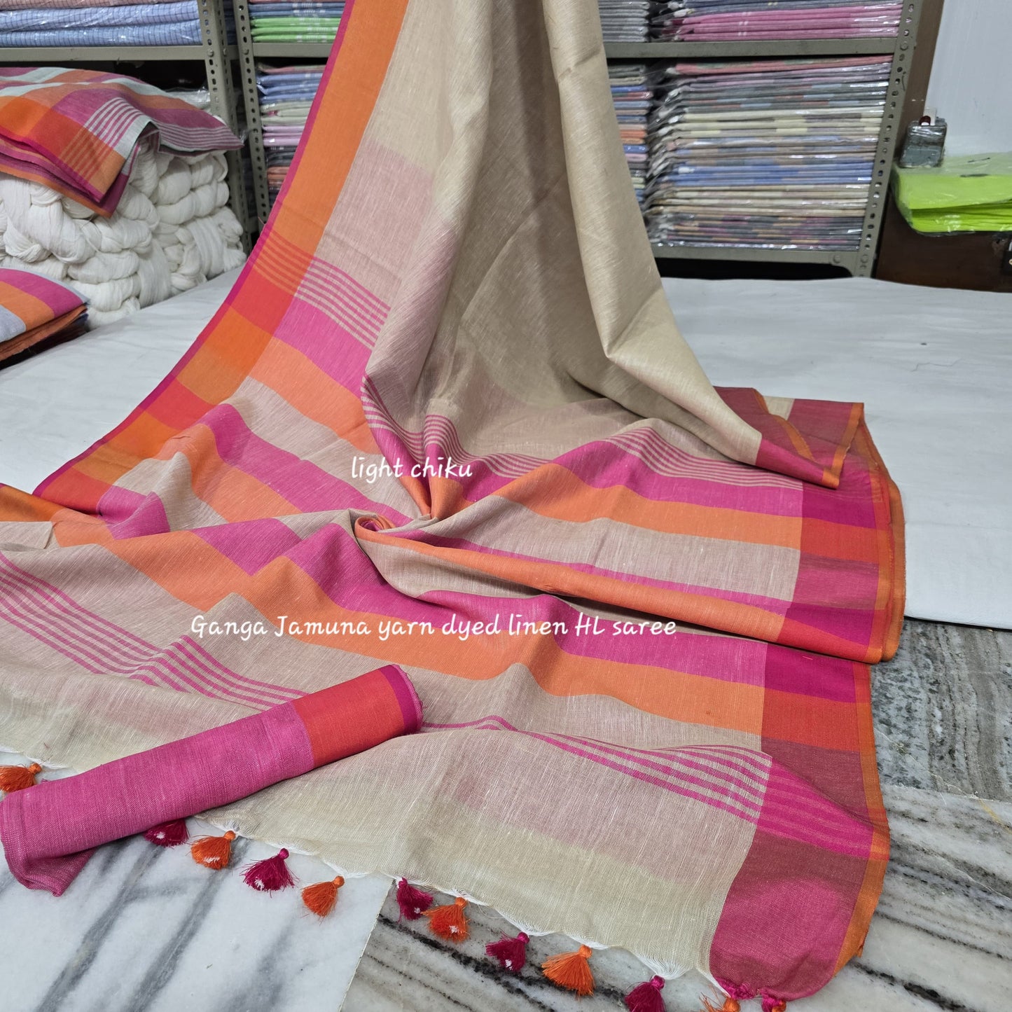 Pure Linen Plain Saree with Contrast Border, Contrast Blouse & Striped Pattu Pallu